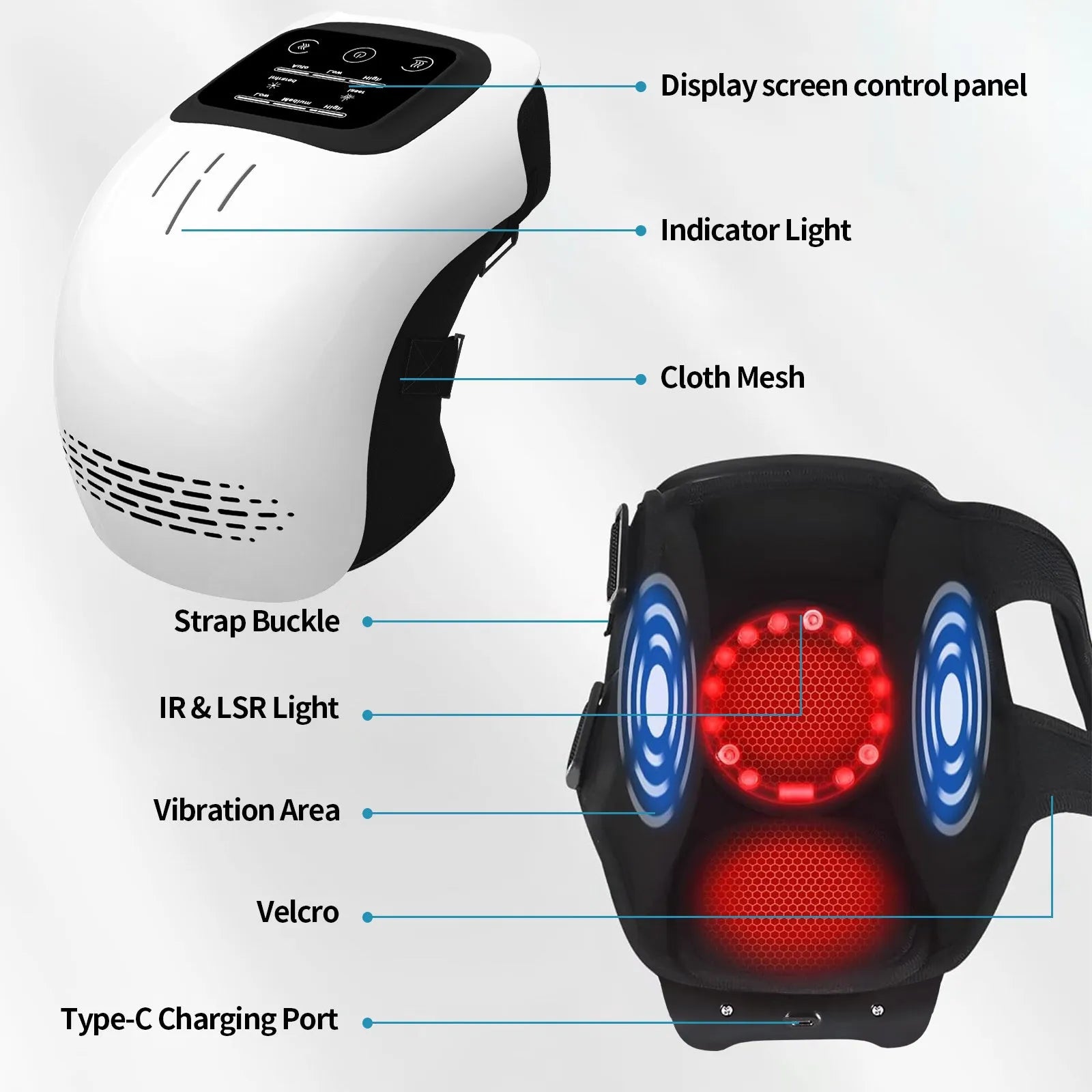 Intelligent electric knee massager in white colour with kneading, heating, infrared laser, and vibration functions