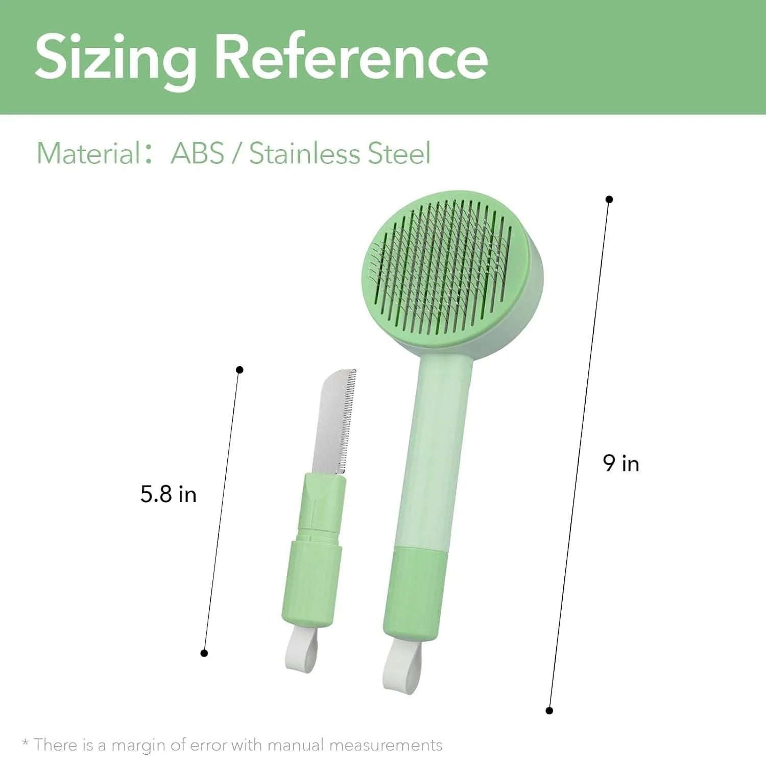 Green and yellow 2-in-1 pet grooming brush with stainless steel teeth and a hanging loop