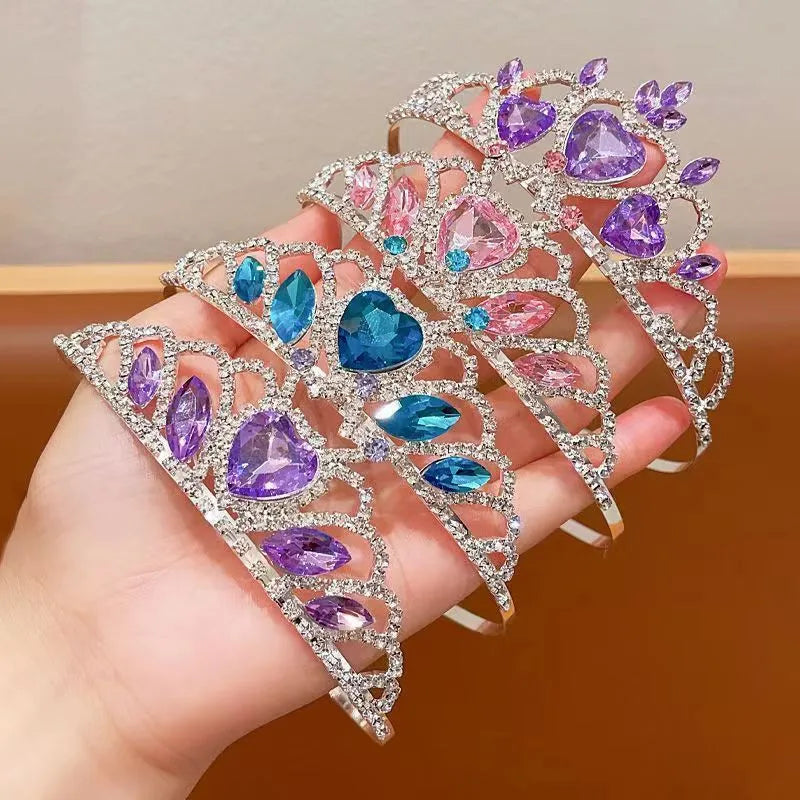 Children's crystal crown metal headband with electroplated finish in pink, light blue, or light purple for girls aged 3-10