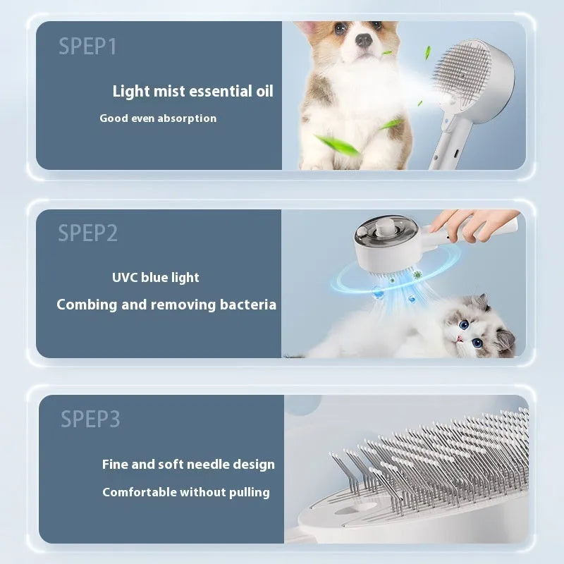 Electric pet hair remover brush with UVC sterilisation and mist spray for dogs and cats in Ceramic White