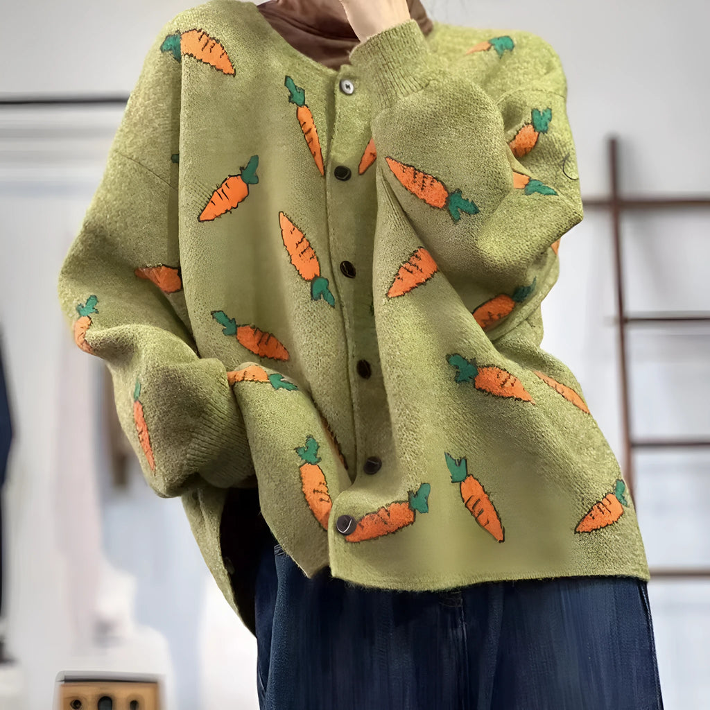 Mori art style printed cardigan sweater with colour contrast, loose fit, round neck.