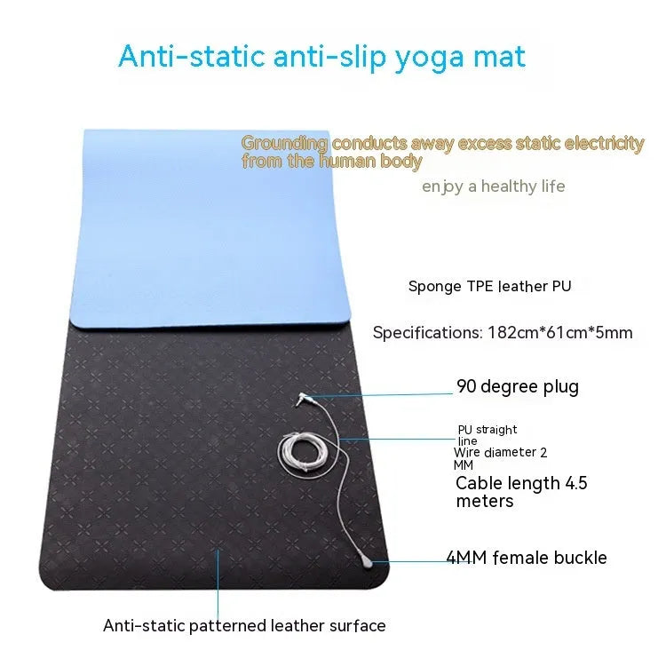 Blue conductive grounding yoga mat with plant pattern, showing integrated wire and 182cm length.
