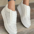 Plus size women's lace-up casual shoes with rhinestone accents on black PU upper