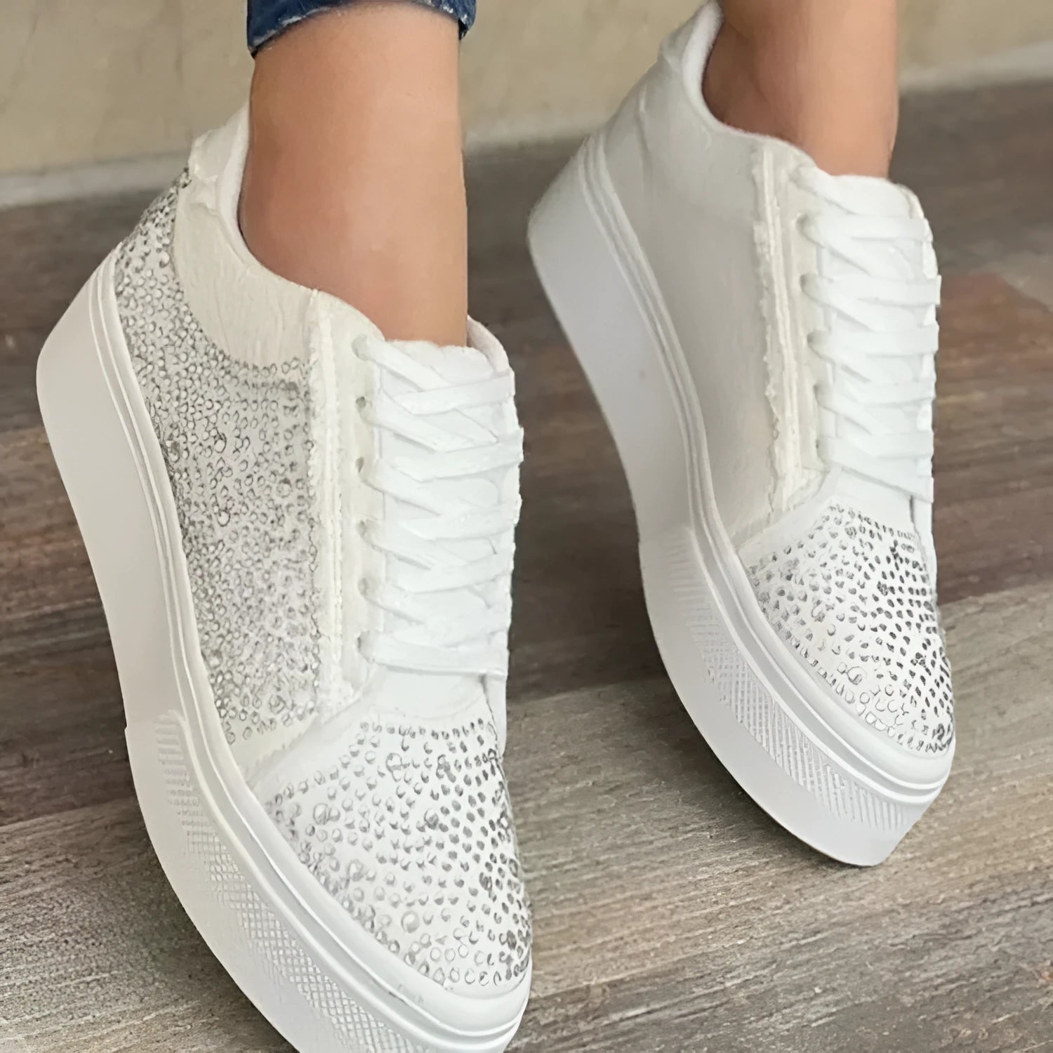 Plus size women's lace-up casual shoes with rhinestone accents on black PU upper