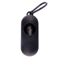 Compact black dog waste bag dispenser with a side hook and Velcro strap for attachment.