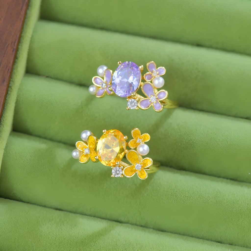 Flower pearl zircon open ring on copper base, yellow colour, cream sweet girl style