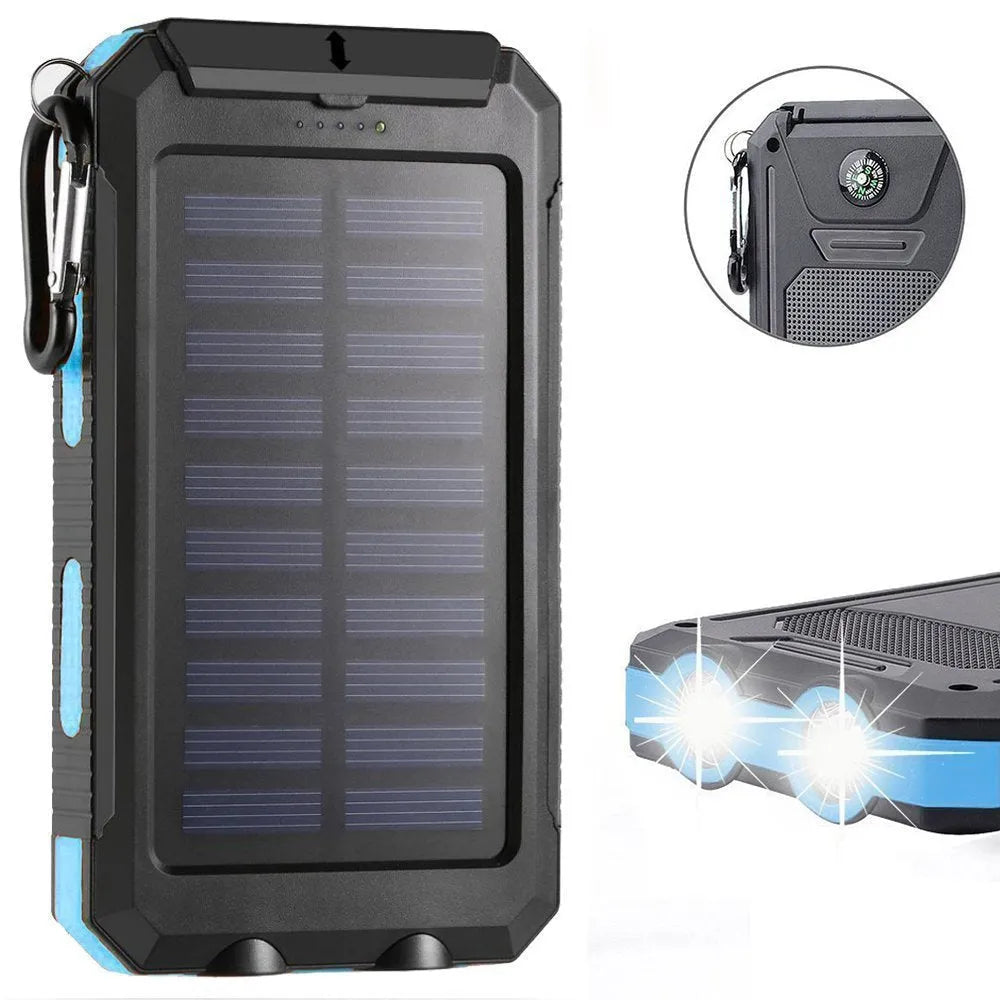20000mAh solar power bank with compass and dual LED flashlights in black blue