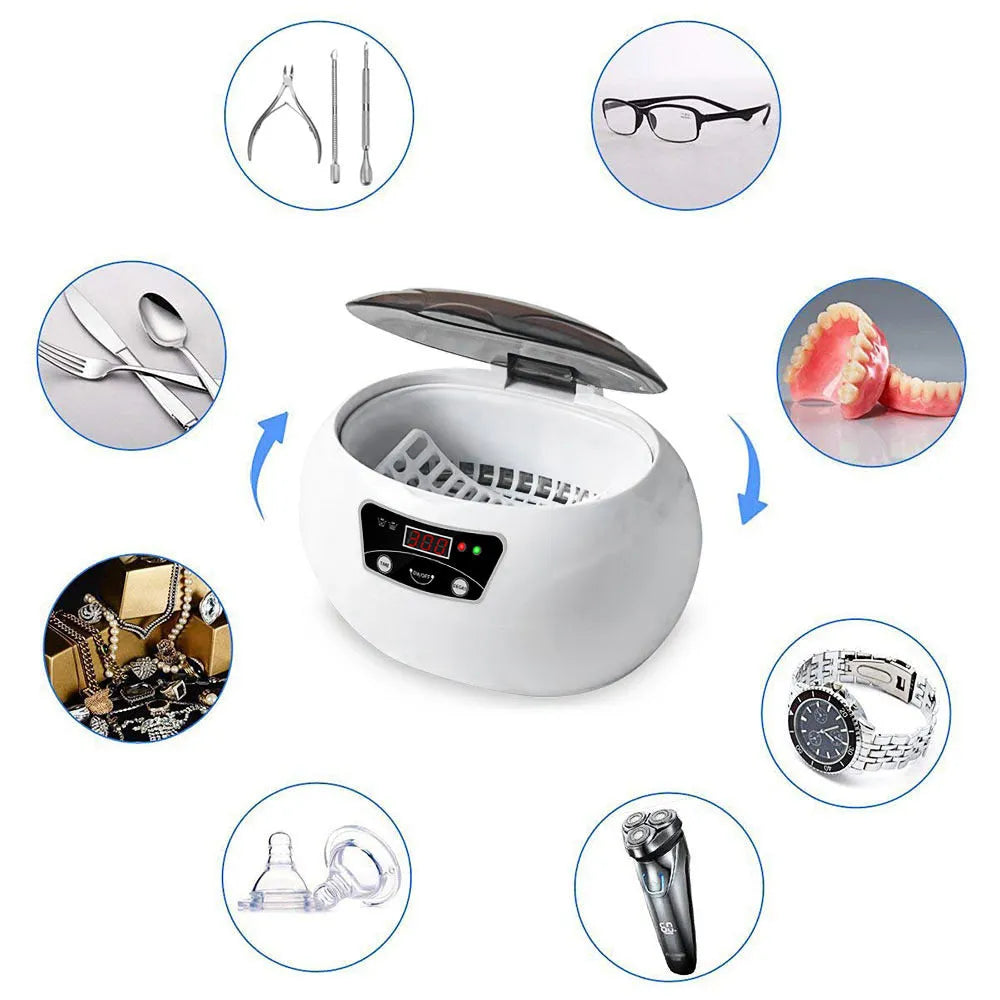 White blue ultrasonic cleaning machine for home use, 20.6cm x 15.2cm x 13.2cm, with digital control panel on a kitchen counter