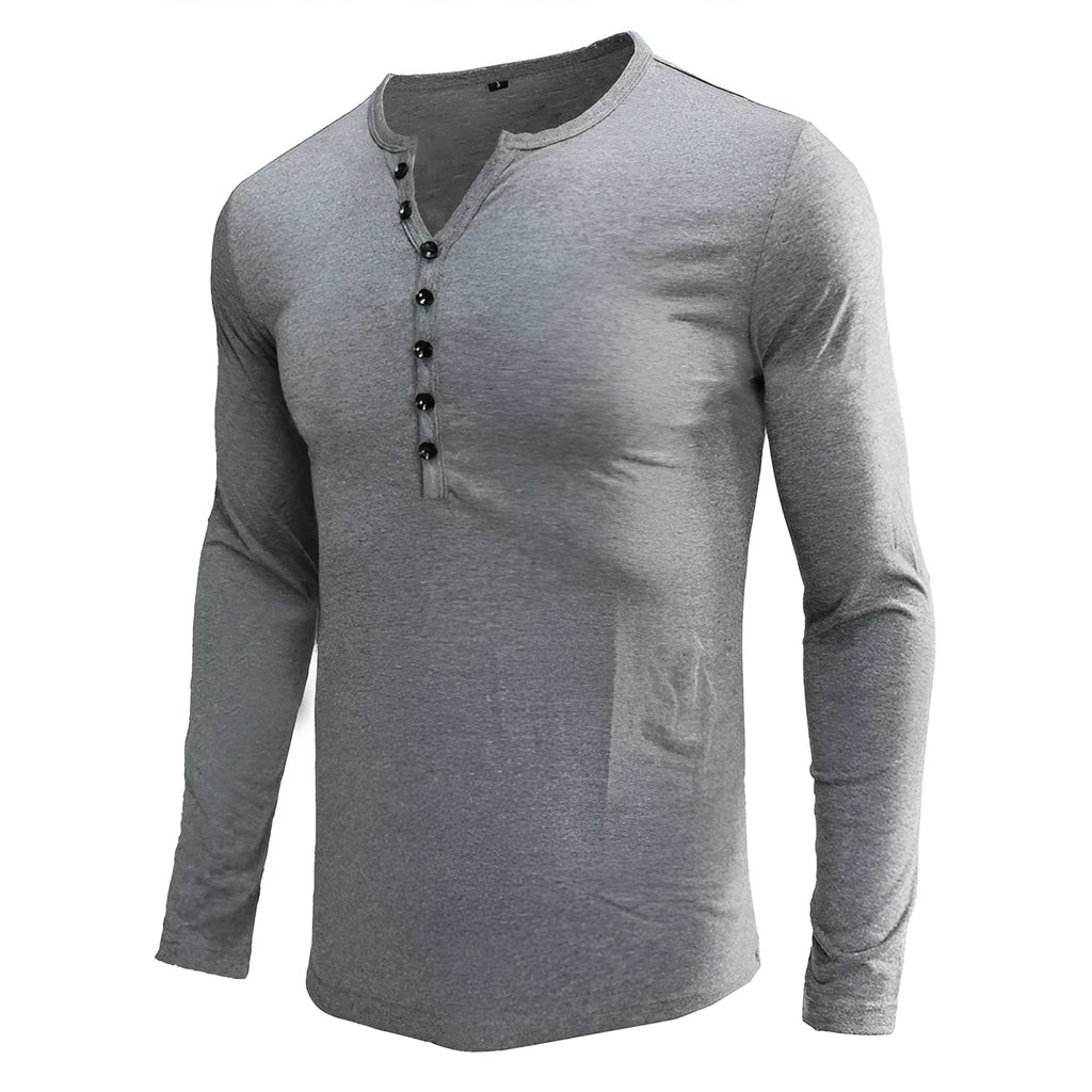 Men's long sleeve cotton blend pullover t-shirt in solid colour, Blue Gray Wine Red options, European and American style