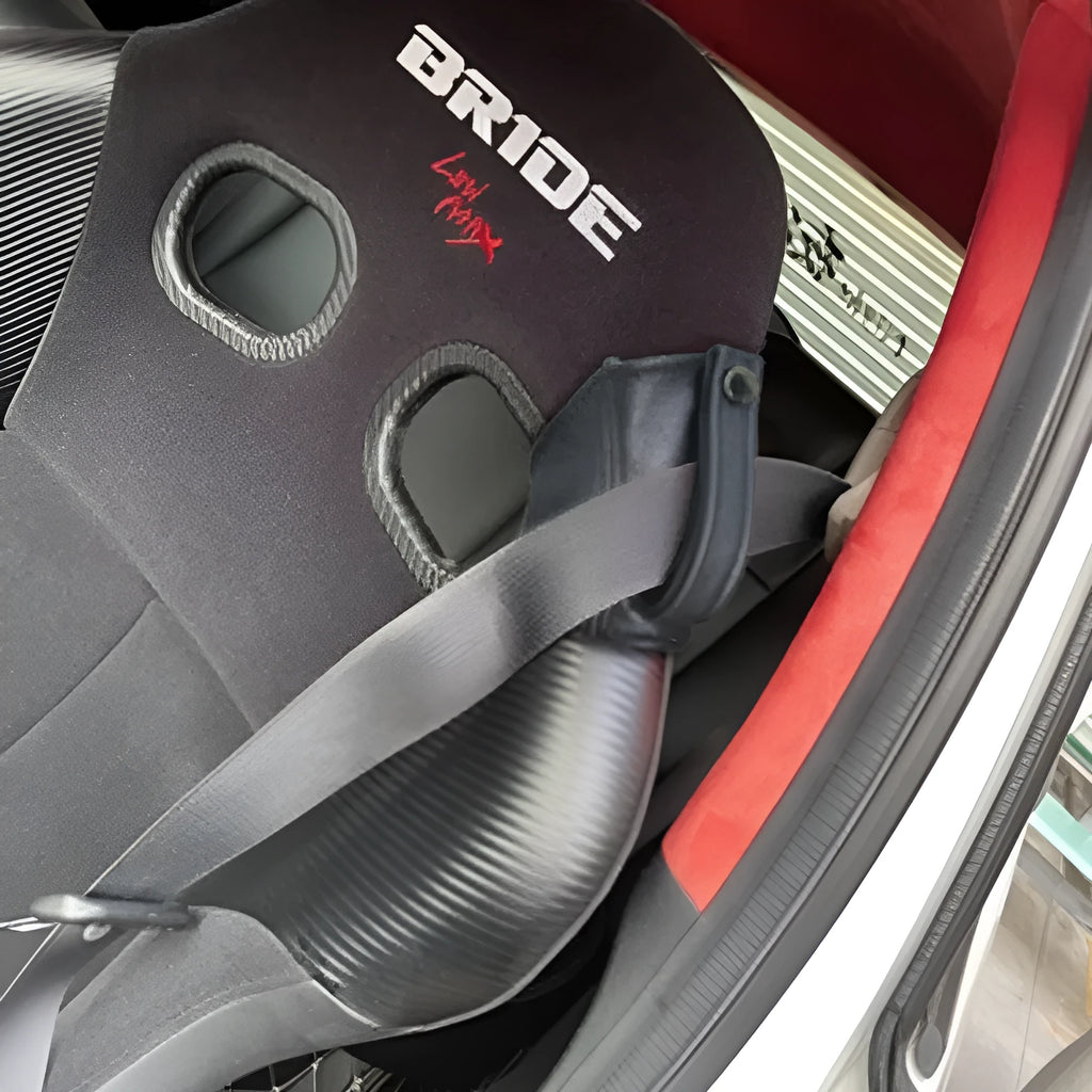 Racing seat belt leather limit buckle cover in black, 30cm by 20cm, for RECARO Bride fixed buckles