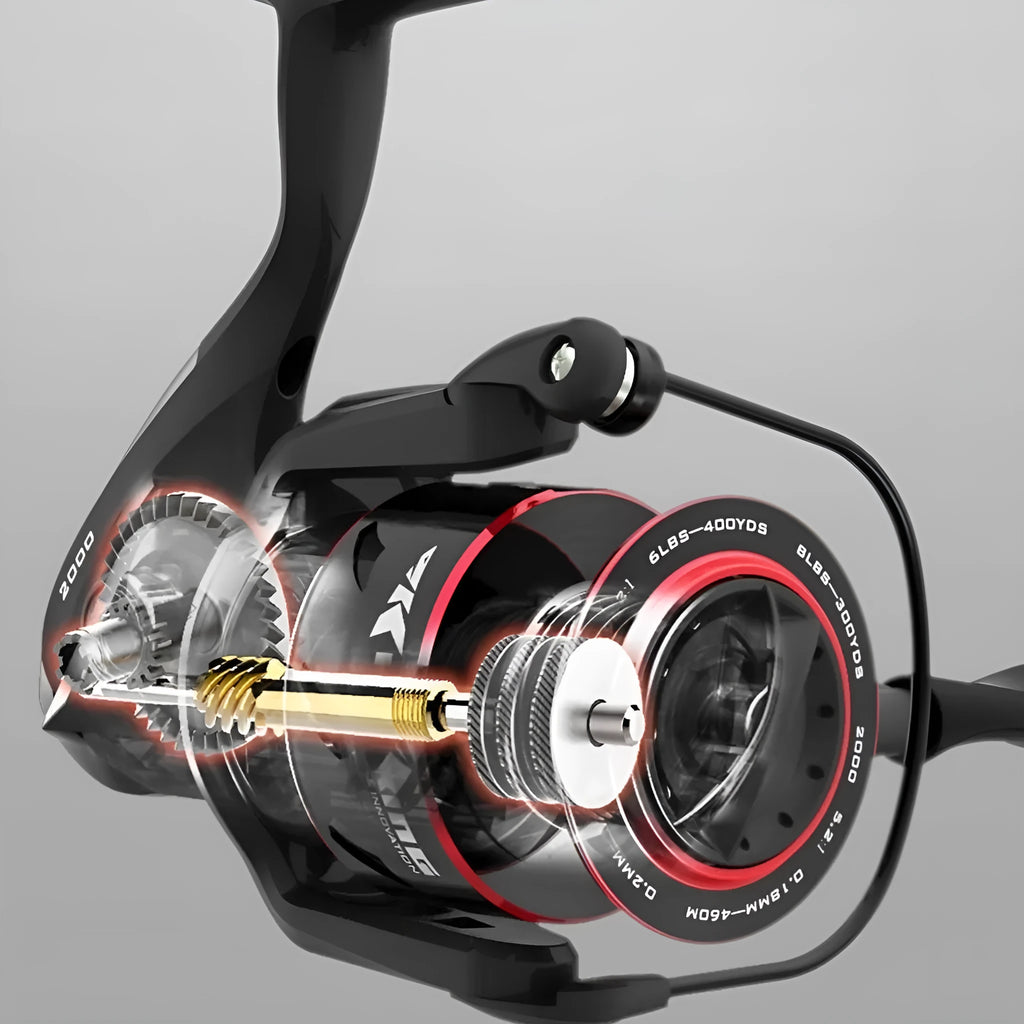 All metal spinning fishing reel in 2000 series on white background