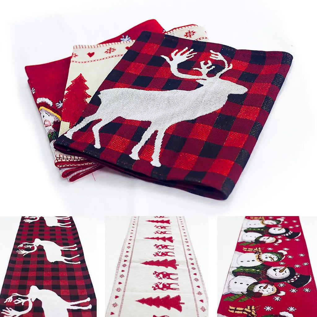 Christmas cotton linen table runner with elk and snowman design, 35x180cm
