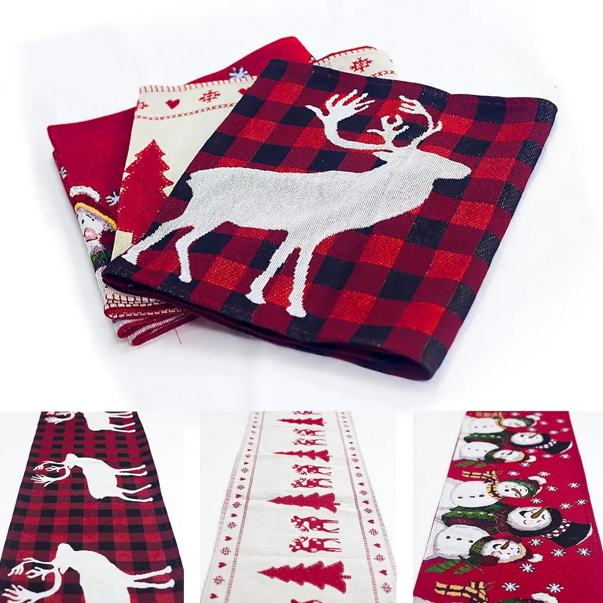 Christmas cotton linen table runner with elk and snowman design, 35x180cm