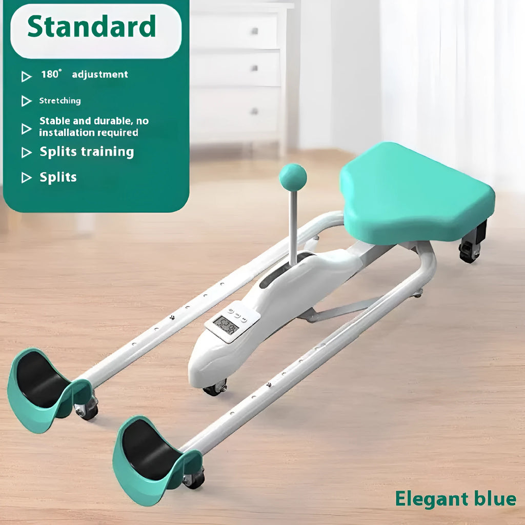 Leg opener stretching device with steel frame and foam padding in blue and pink colour options