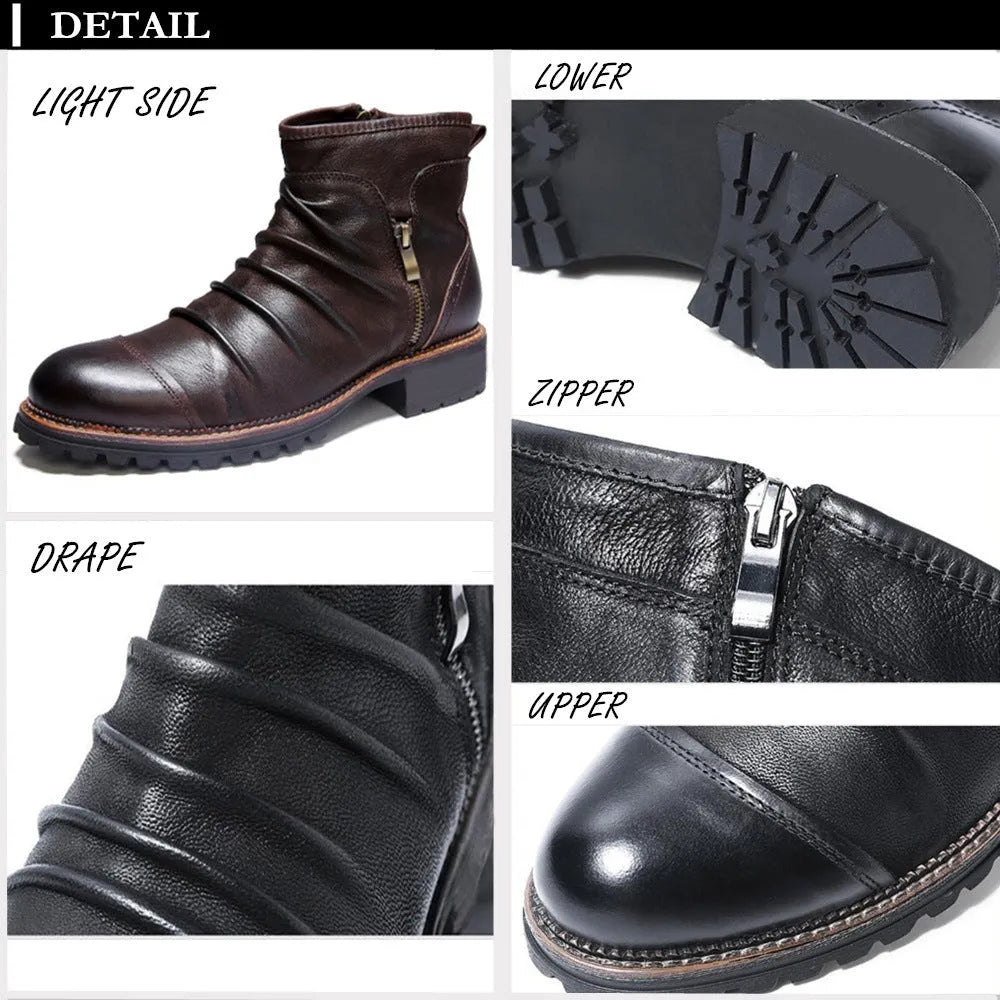 Men's black artificial PU cowboy boots with side zipper, round toe, and a mid-height horseshoe heel.