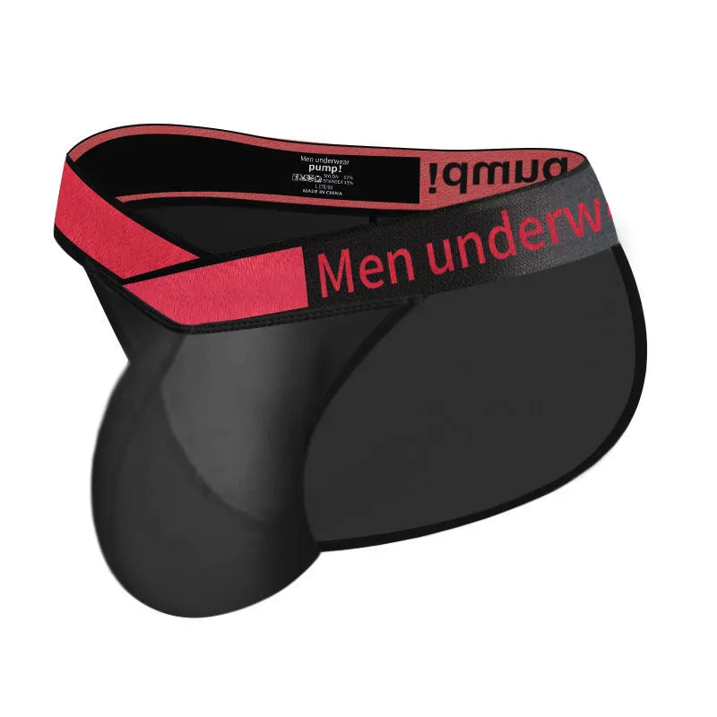 Men's ice silk nylon underwear briefs in a V-cut high leg design on a low waist, shown in red colour.