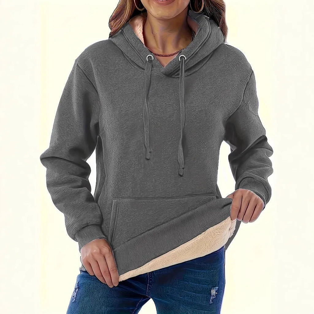Women's loose fit grey hooded sweater with 3D raised pattern and front pocket