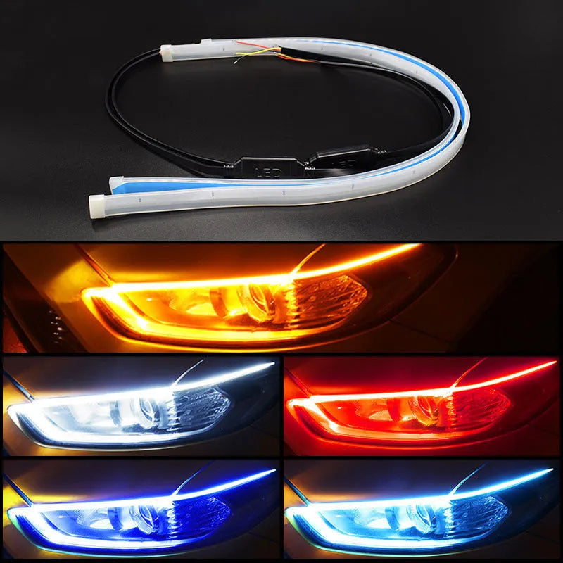 Flexible silicone car LED daytime running light strip with flowing turn signal animation