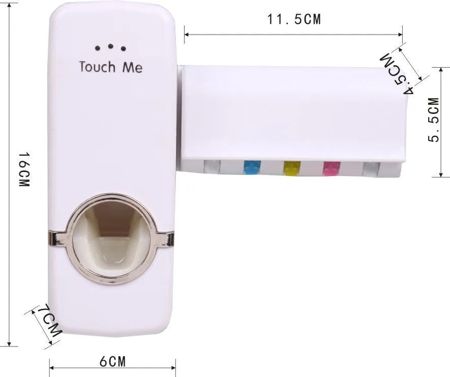 White plastic and silicone bathroom accessories set with toothbrush holder and pump dispenser on a tiled wall