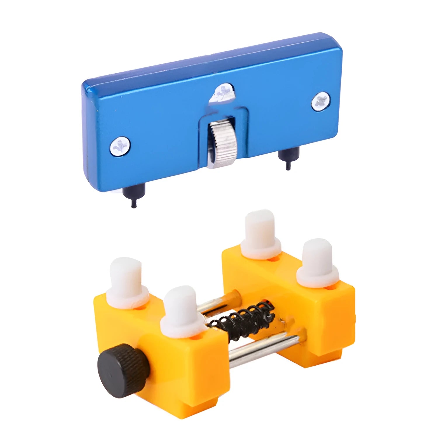 Yellow plastic watch repair case opener kit with mounting base and four fixing pillars on a workbench