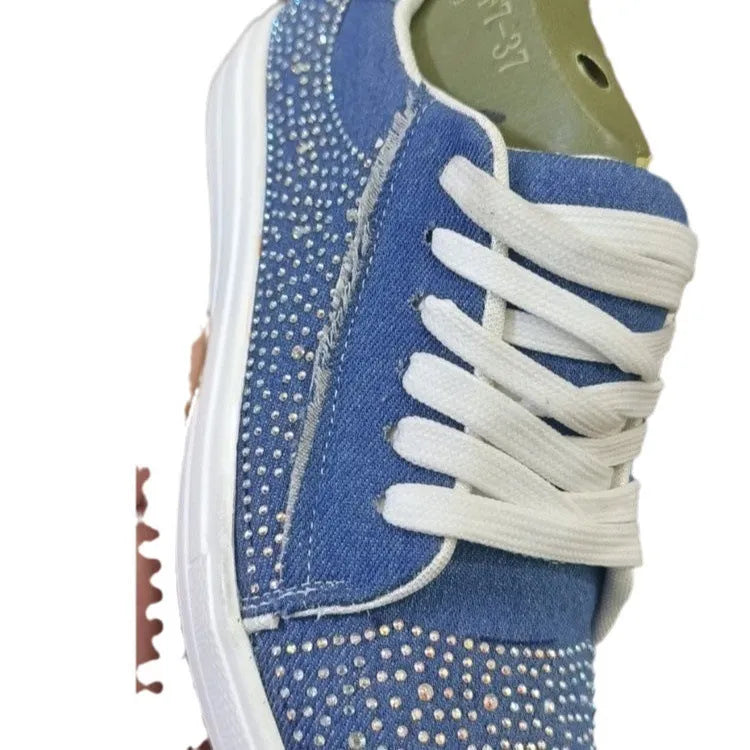 Plus size women's lace-up casual shoes with rhinestone accents on black PU upper