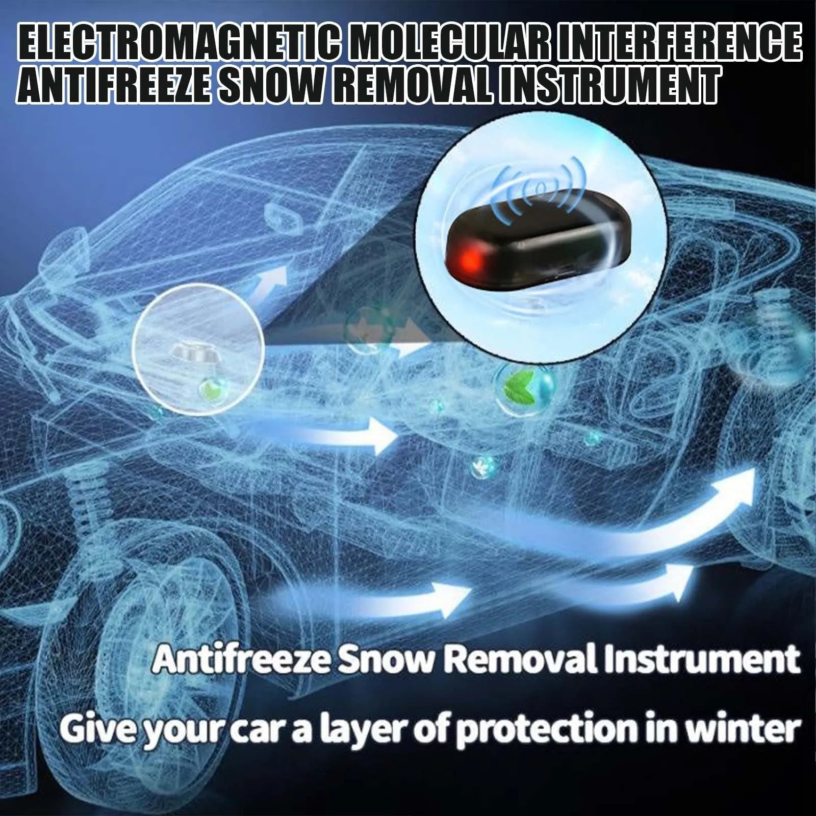 Black car snow removal deicer with special glass element measuring 5 x 2.6 x 1.5 cm for melting snow on windscreens