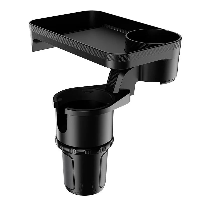 Black car-mounted rotating dinner tray holder with cup holder attachment