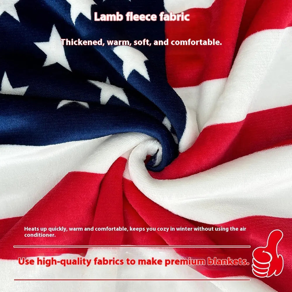 Striped polyester blanket with lambswool texture in American style, shown in vacuum packed and expanded forms