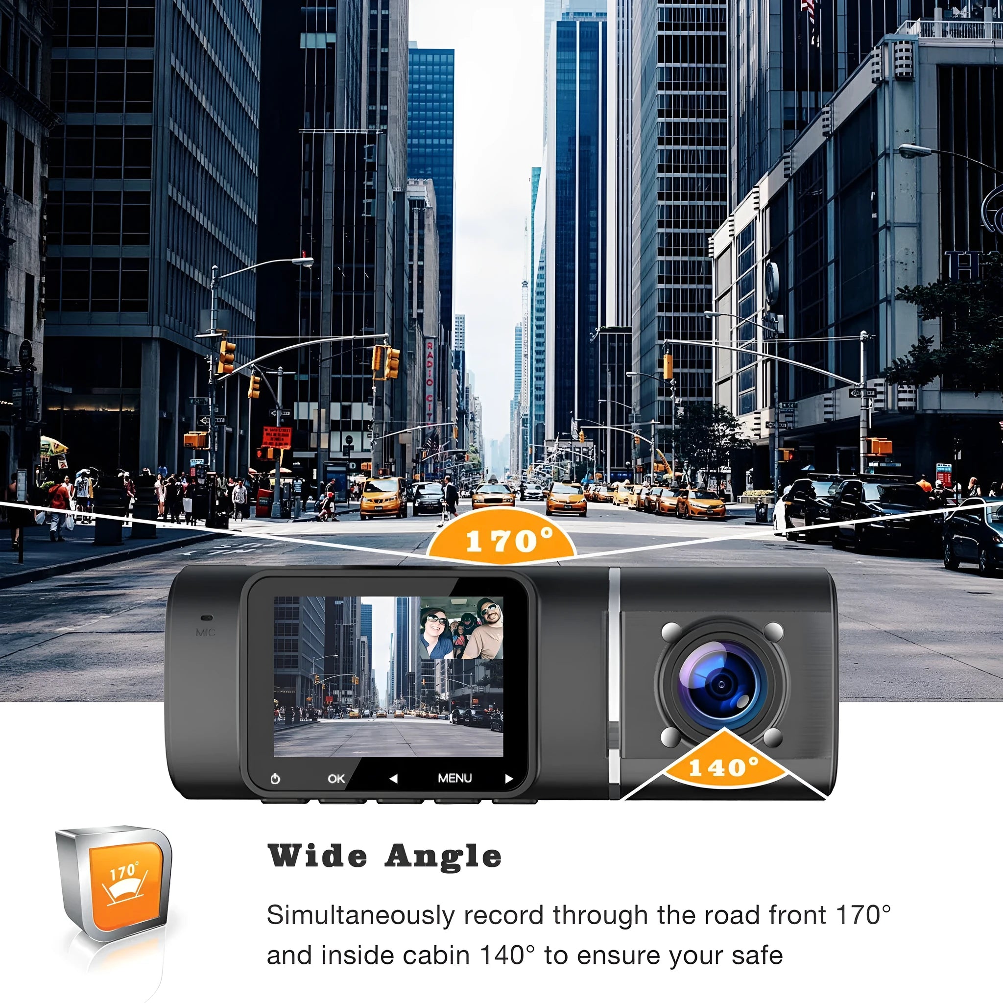 Standard black car dash camera for dual recording with a 1.5-inch screen
