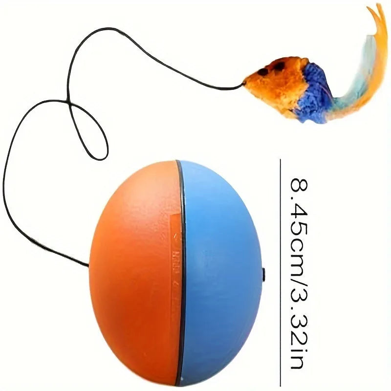 Blue and orange plush cat toy ball with grey mouse attachment measuring 8.5cm