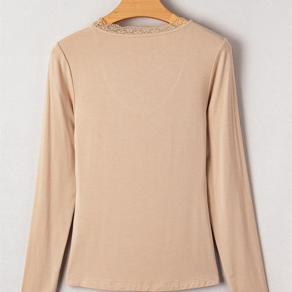 Women's slim-fit casual top with lace trim long sleeves in solid colour