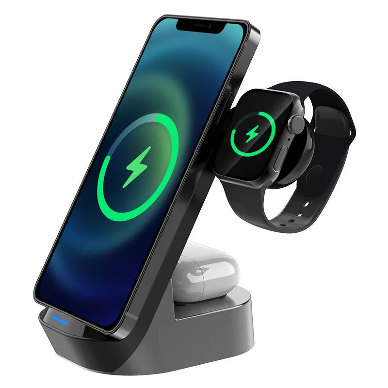 Black foldable 3-in-1 wireless charger stand vertical view showing phone watch and earbud charging spots