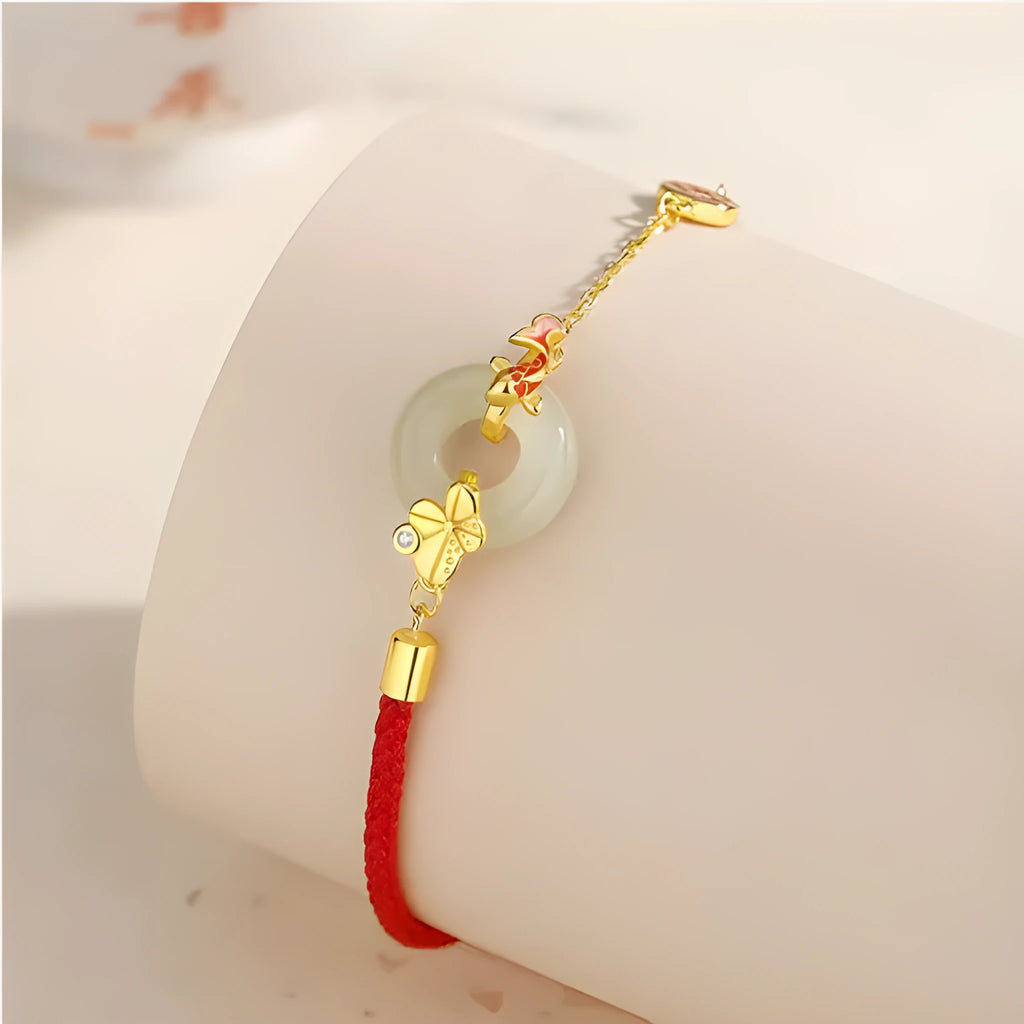 925 silver koi peace buckle bracelet with Hetian jade and red rope, gold electroplated finish