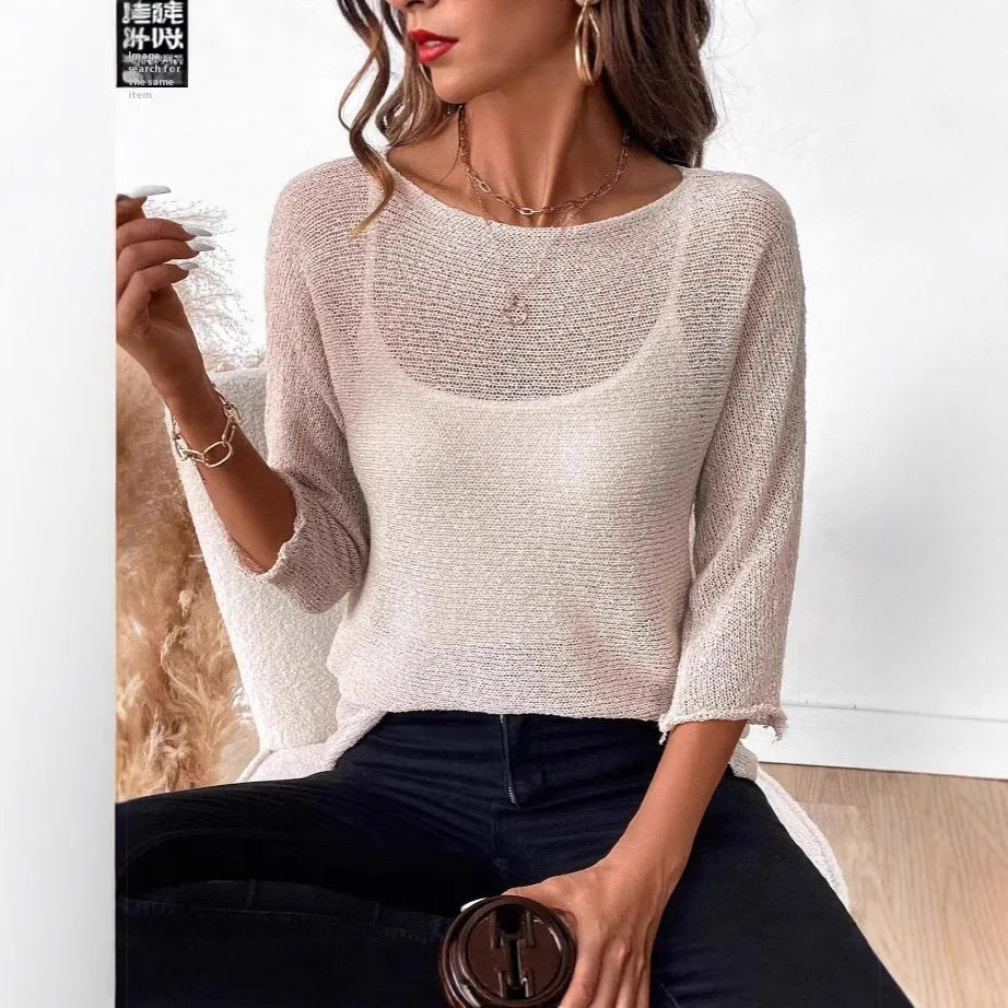 Thin knitted off-the-shoulder top for women in bean purple with 3D pattern and three-quarter sleeves.
