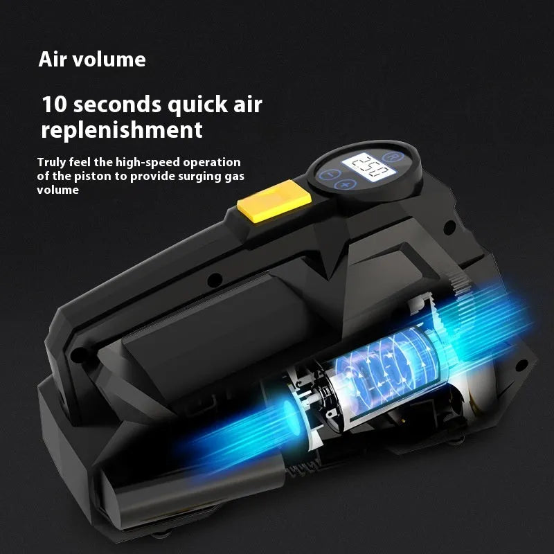 Black portable tyre inflator with digital display and LED light showing 12V car plug