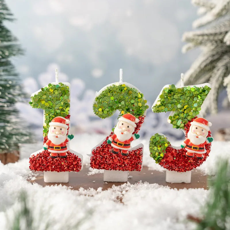 Handmade paraffin number candle, numeral 0-9, Santa Claus digital painted design on cake