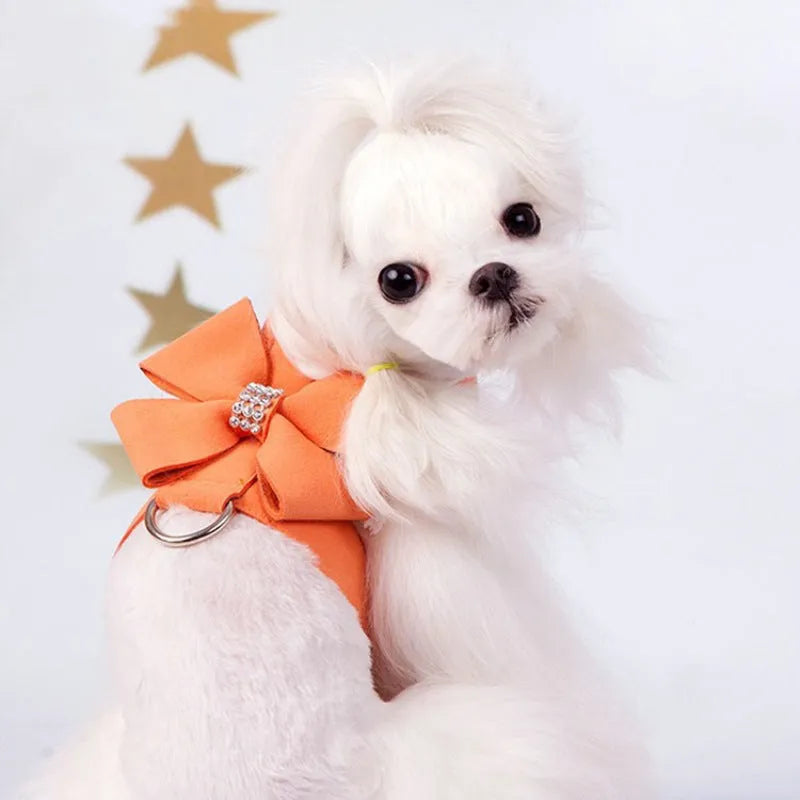 Cute bowknot puppy chest strap harness in microfiber available in pink, blue and orange colours