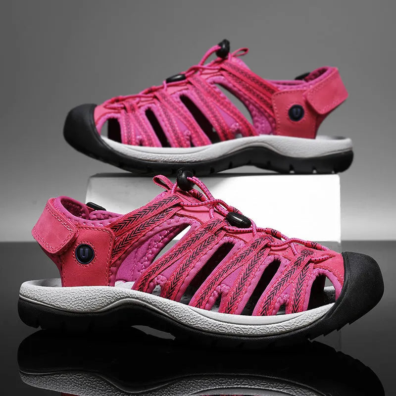 Women's toe box sandals with leather mesh upper and rubber sole in a range of colours