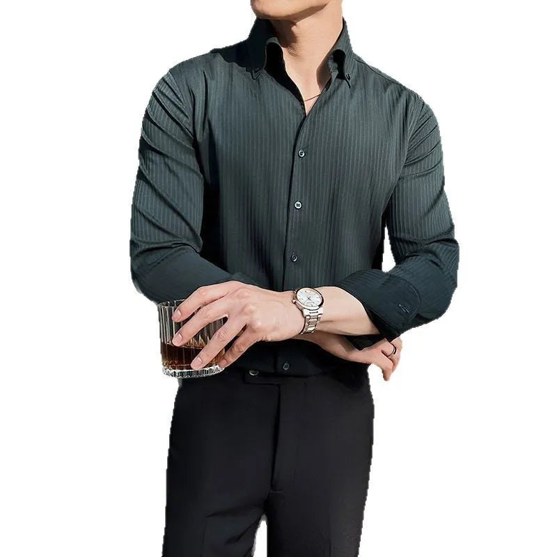 Men's dark striped V-neck long sleeve casual shirt shown in a choice of colours.