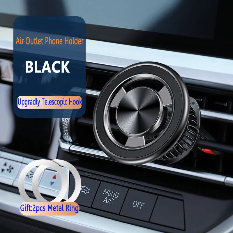 Silver magnetic phone holder attached to car air vent with smartphone mounted