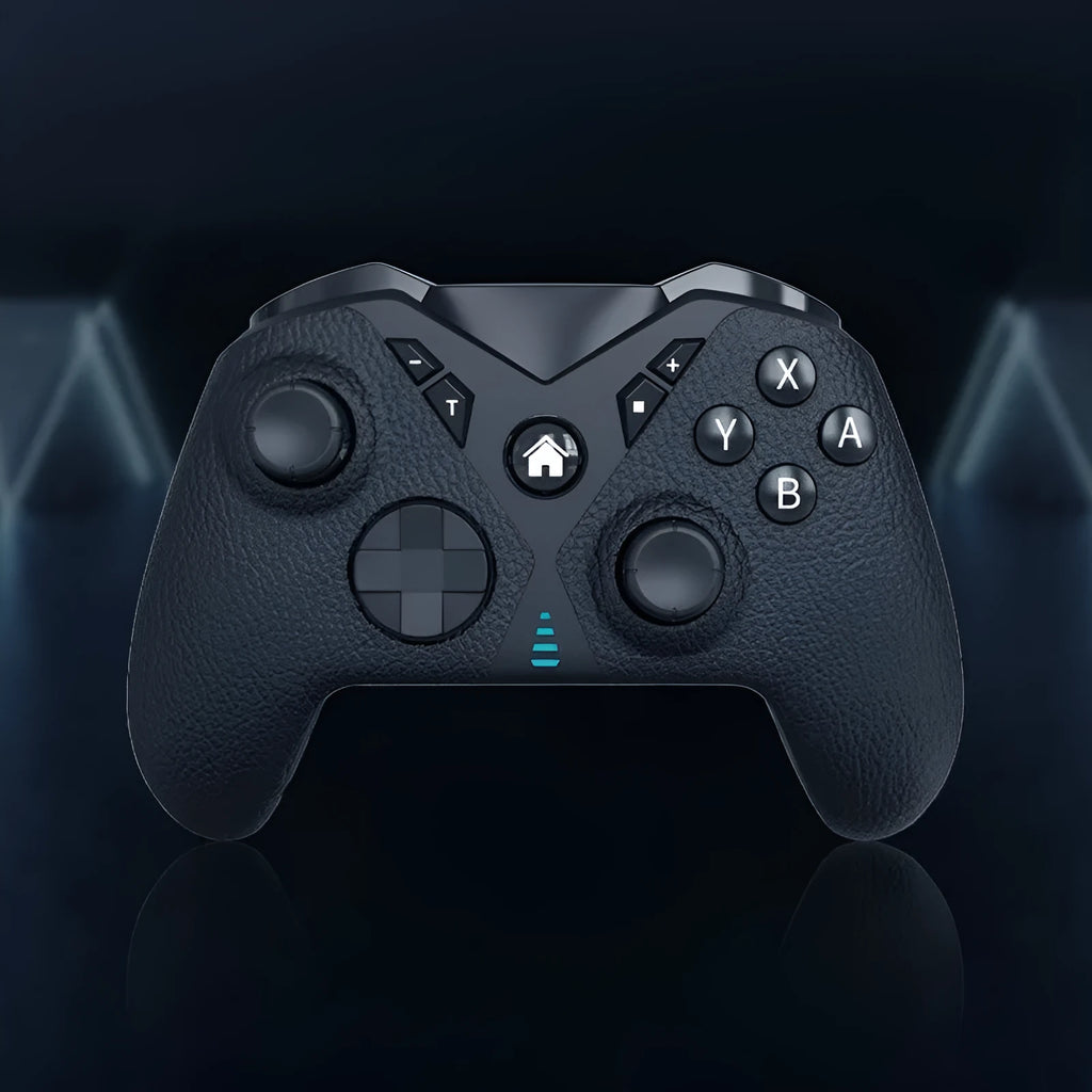 Black wireless Bluetooth game controller with leather-textured finish for Nintendo Switch, smartphones, and PC gaming