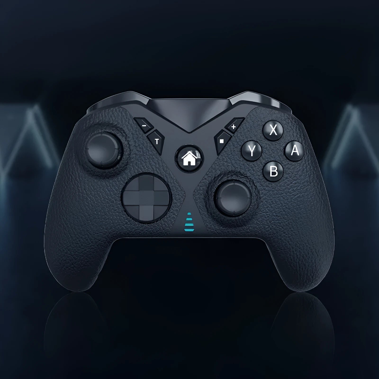 Black wireless Bluetooth game controller with leather-textured finish for Nintendo Switch, smartphones, and PC gaming