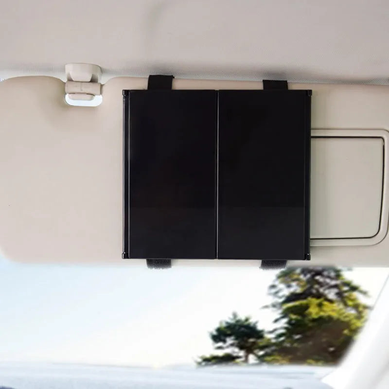 Silver car folding makeup mirror open showing 30.5cm width with ABS frame and glass surface