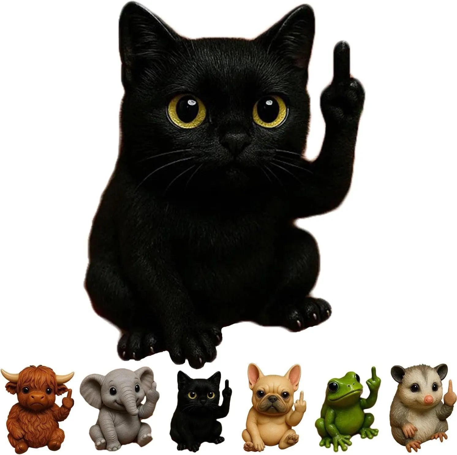 Mini resin animal doll making a vertical middle finger gesture, available in cat, dog, elephant, frog, mouse, turtle, and highland cattle designs.