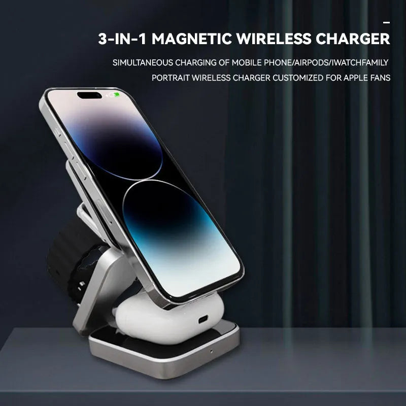 Three in one folding desktop wireless charging bracket with magnetic ring for Apple Samsung Google Pixel Watch