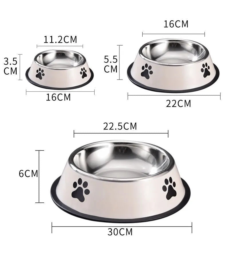 Printed non-slip stainless steel pet bowl for dogs and cats in gray, shown on a floor