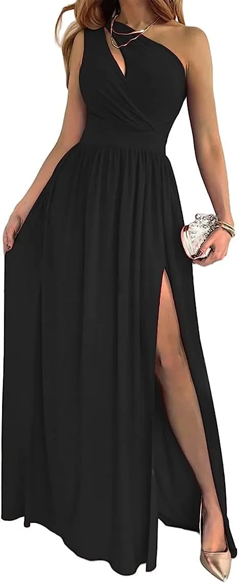 Women's apricot one shoulder maxi dress with high split and cutout detail on mannequin