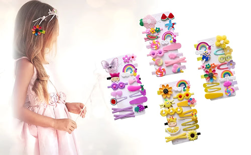 14-piece toddler hair accessories set on display including rainbow barrettes, fruit clips, and butterfly pins in bright colours