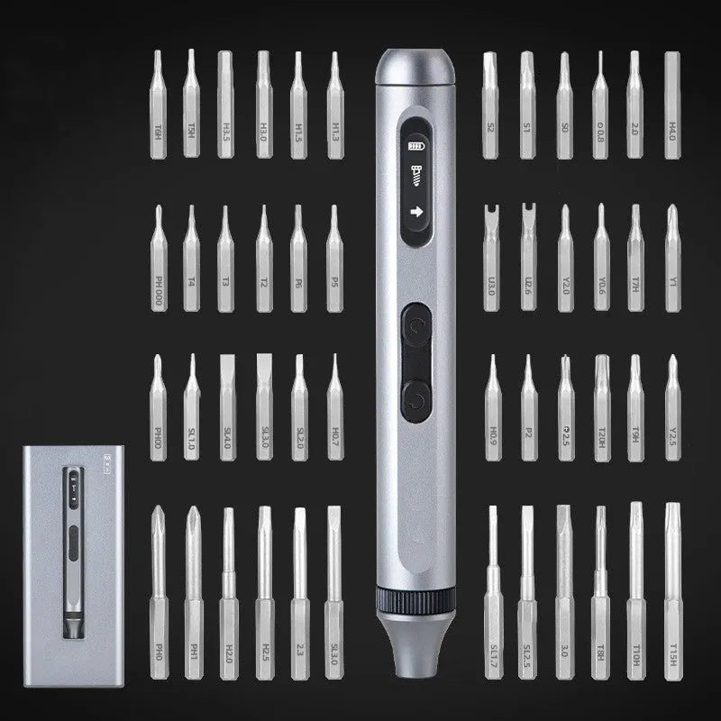 Precision electric screwdriver with aluminium alloy handle showing compact 134.5mm design