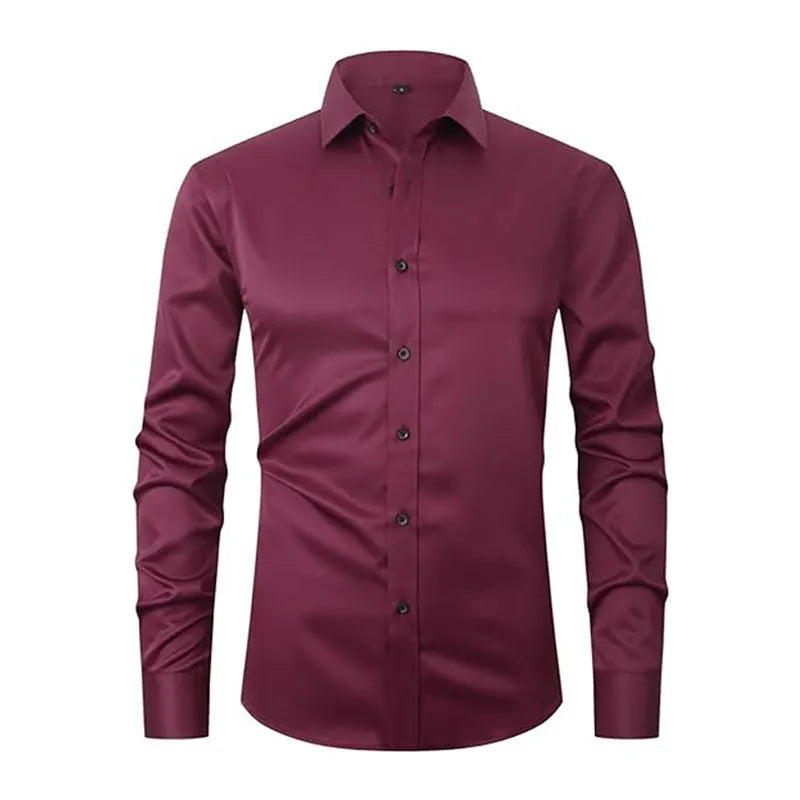 Men's stretch polyester long sleeve work shirt shown in a light colour on a hanger